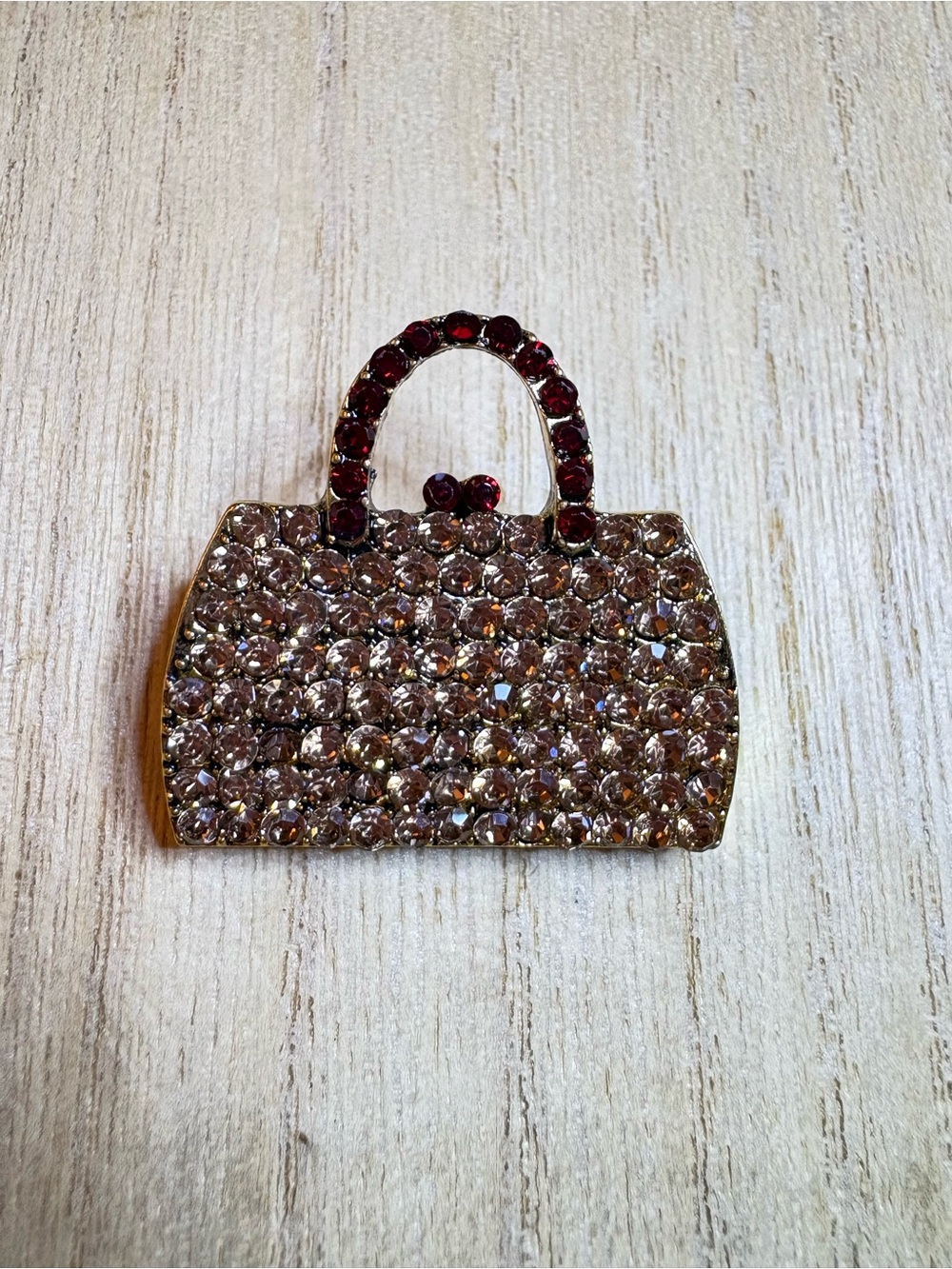 Crystal Handbag Brooch with Red Accent Handle